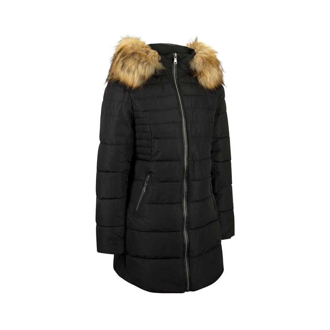 Ladies 3/4 Parka Jacket Fur Hood Zipped Padded Puffer Black Beige Winter