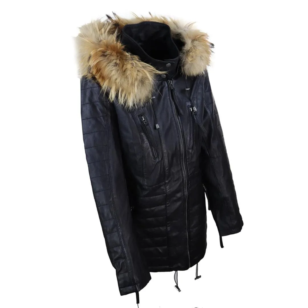 Ladies Real Leather Black Trench Mid Length Hood Raccoon Fur Winter Retro Jacket