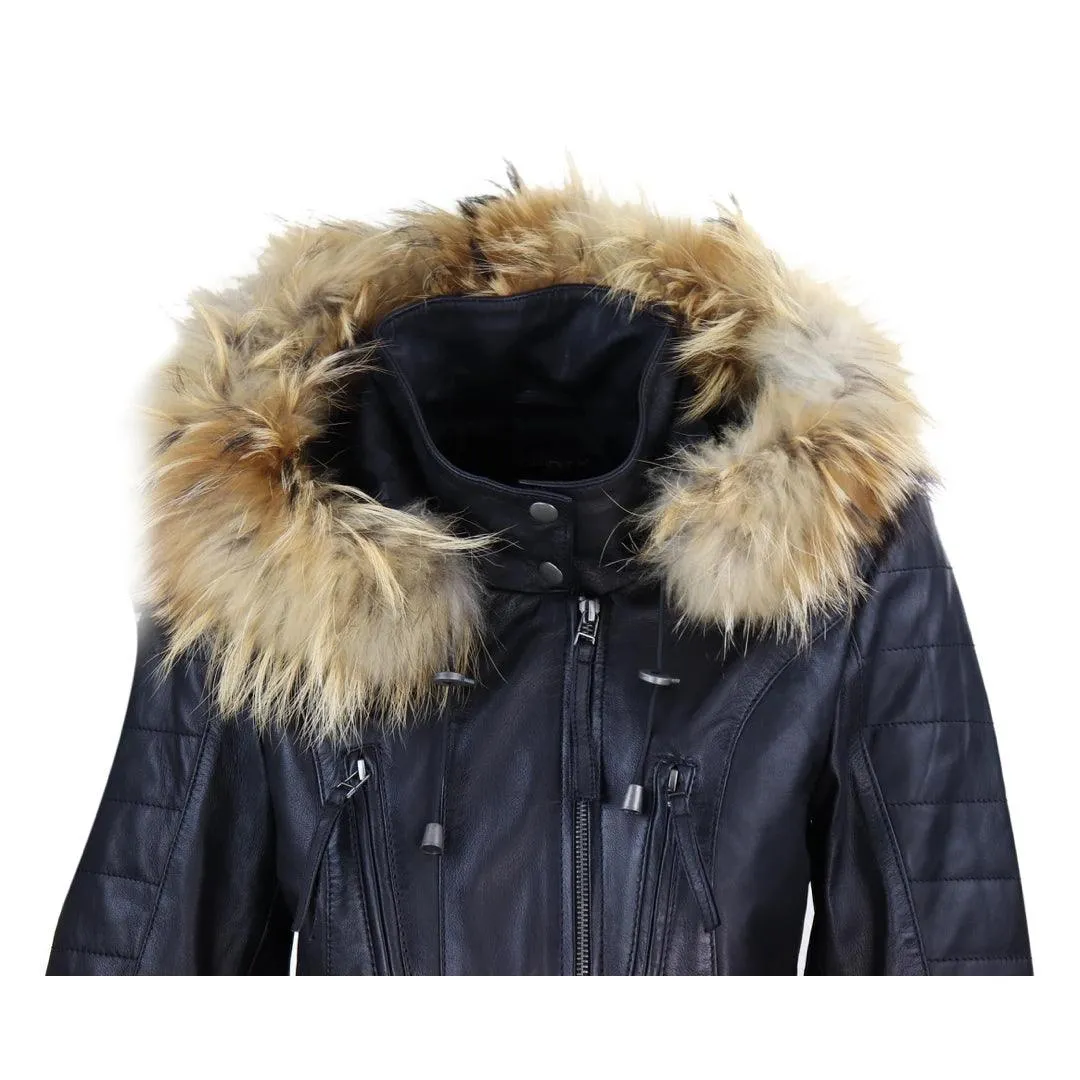 Ladies Real Leather Black Trench Mid Length Hood Raccoon Fur Winter Retro Jacket