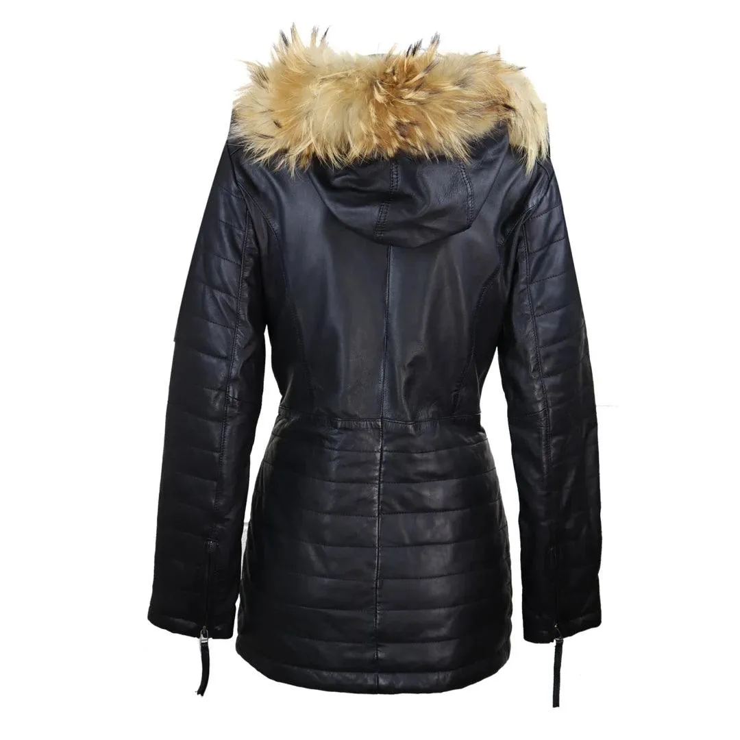 Ladies Real Leather Black Trench Mid Length Hood Raccoon Fur Winter Retro Jacket