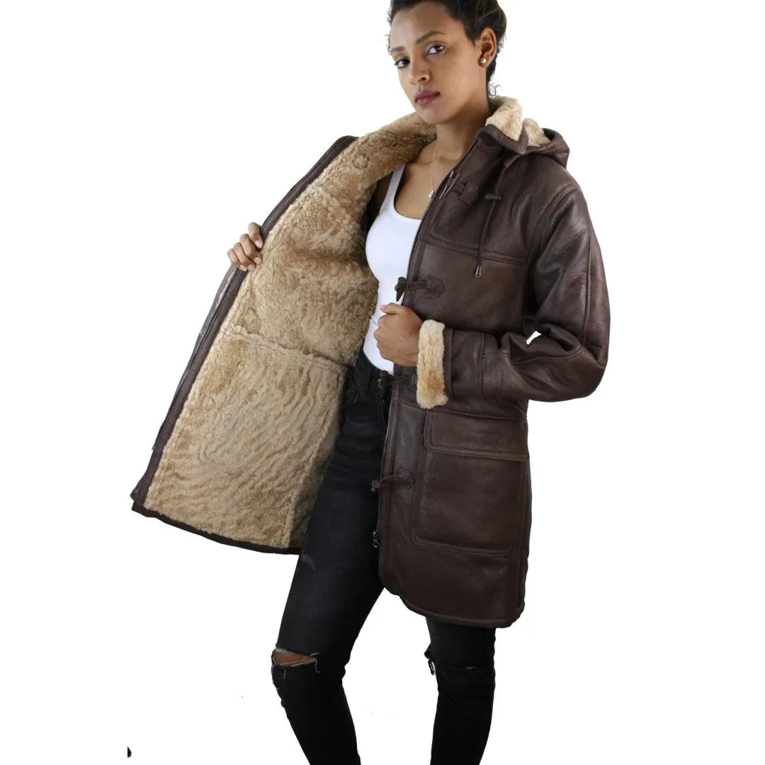 Ladies Real SHEEPSKIN Leather Coat Brown Beige FUR Womens Flying Jacket