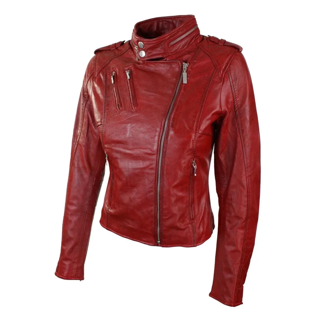 Ladies Women Genuine Real Leather Slim Fit Red Biker Jacket Velvet Lining