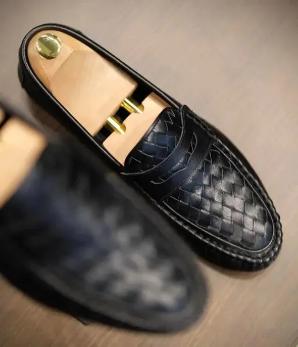 Leather Shoe Black Woven  Loafer