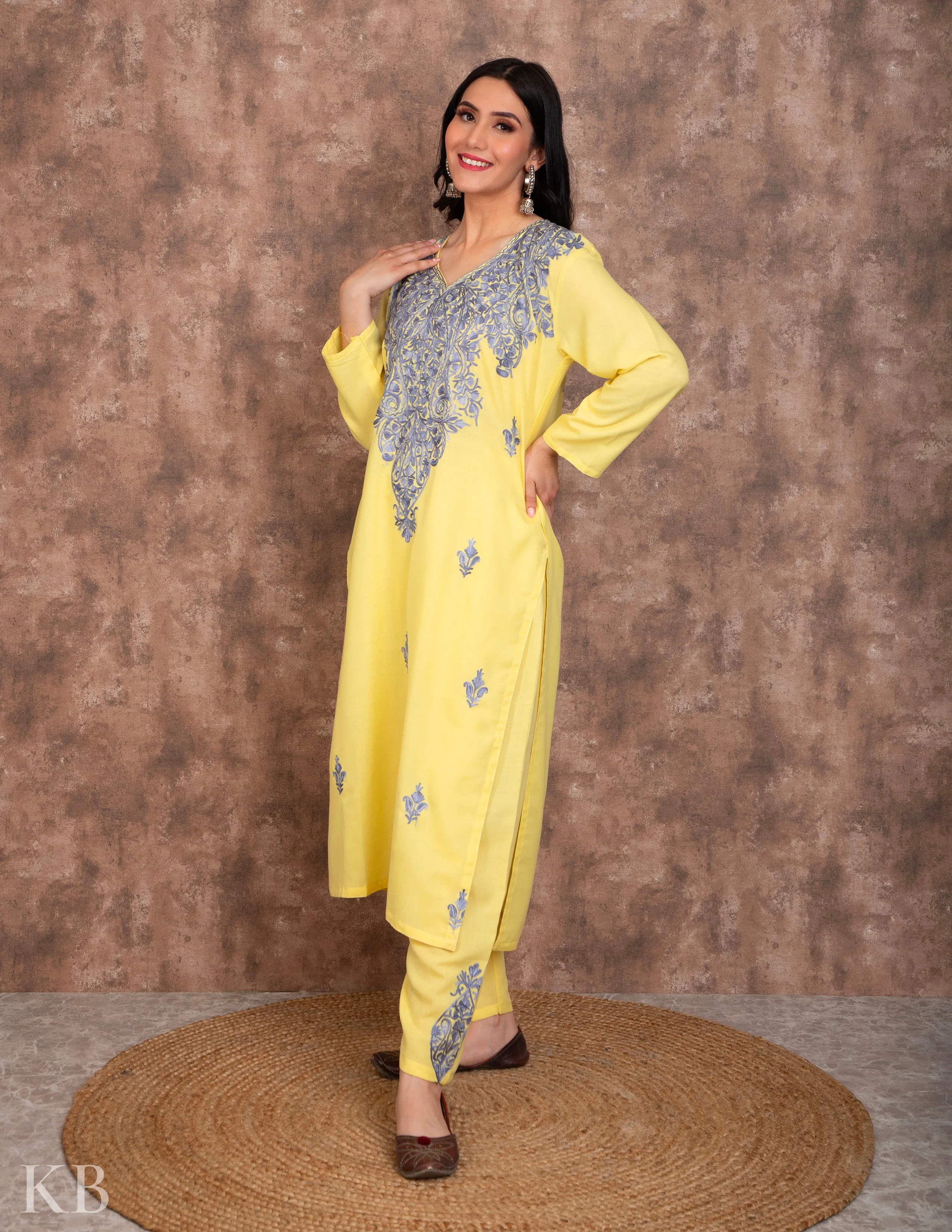 Lemon Aari embroidered Cotton Suit with Dupatta