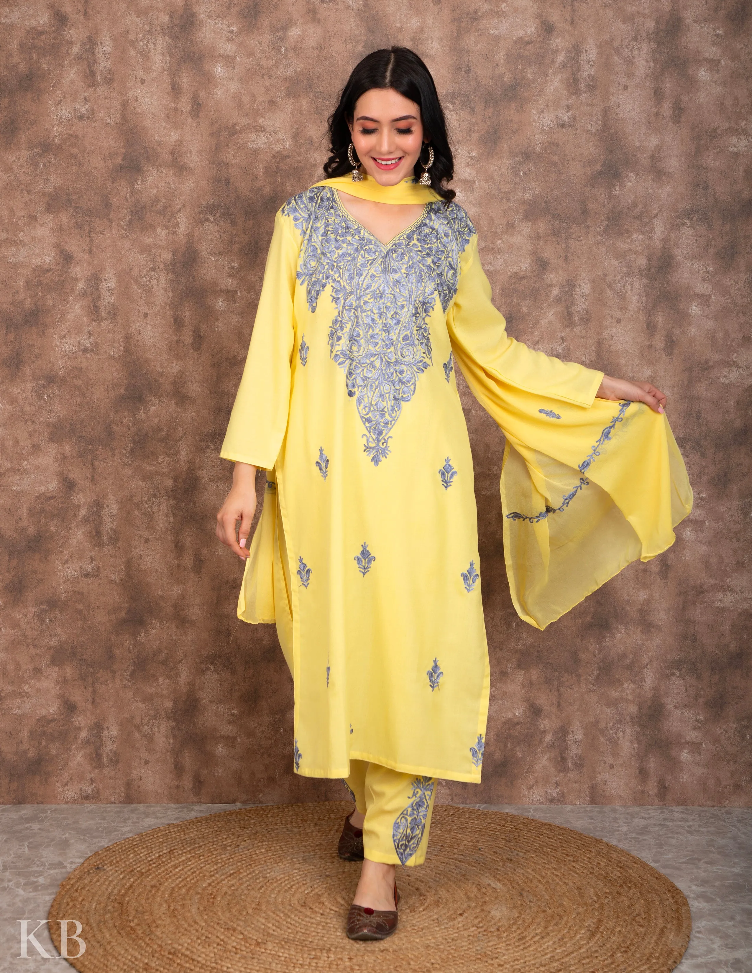 Lemon Aari embroidered Cotton Suit with Dupatta