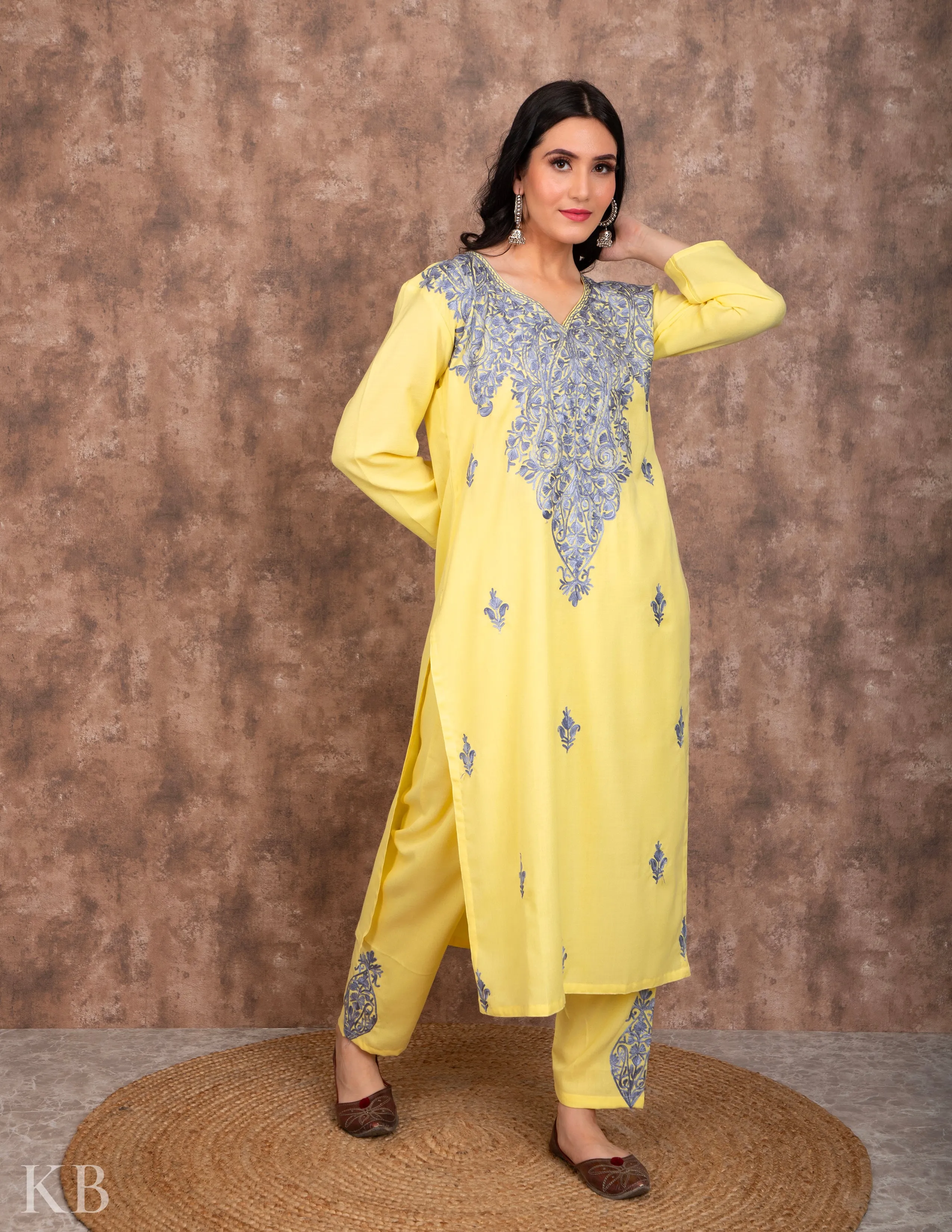 Lemon Aari embroidered Cotton Suit with Dupatta