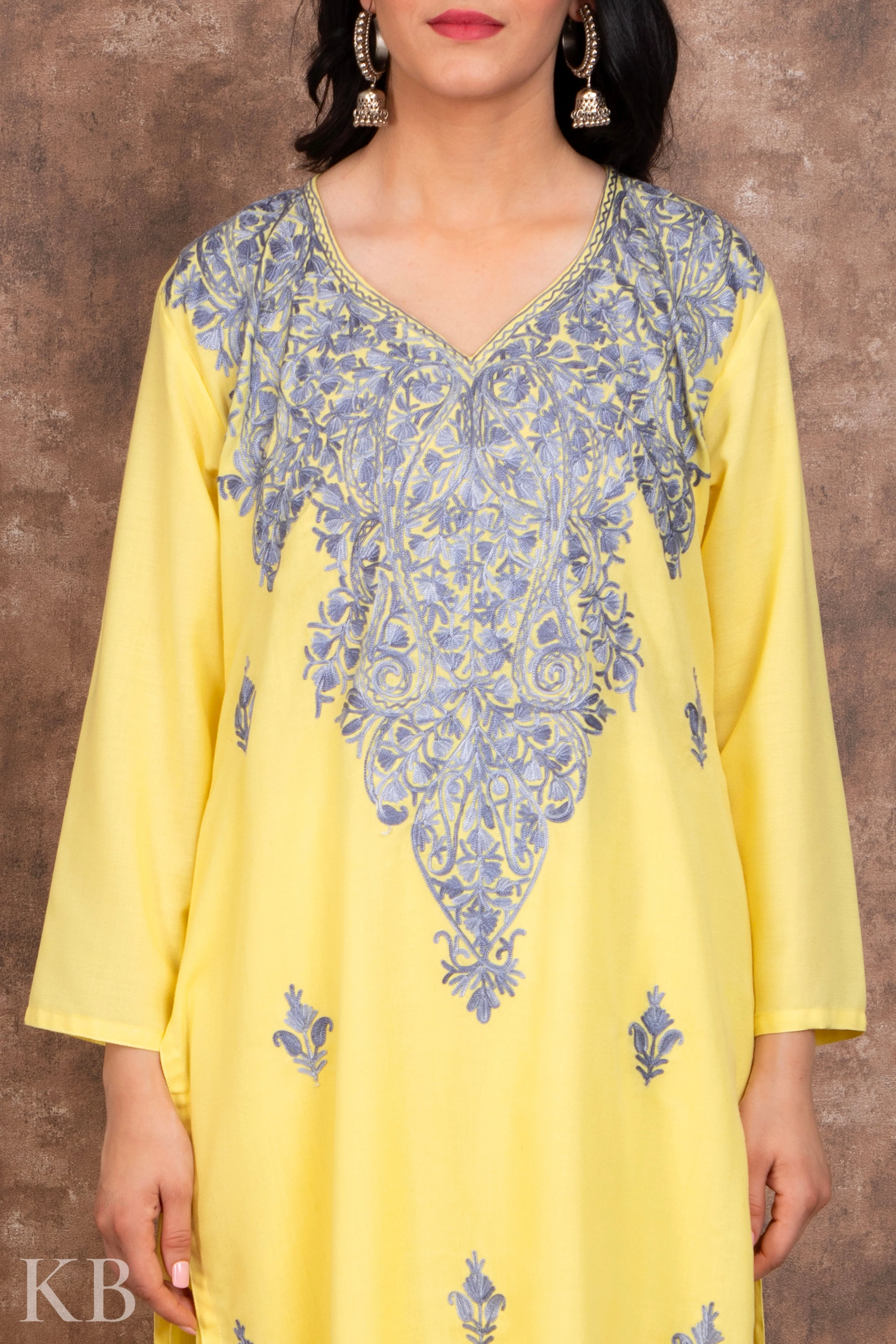 Lemon Aari embroidered Cotton Suit with Dupatta