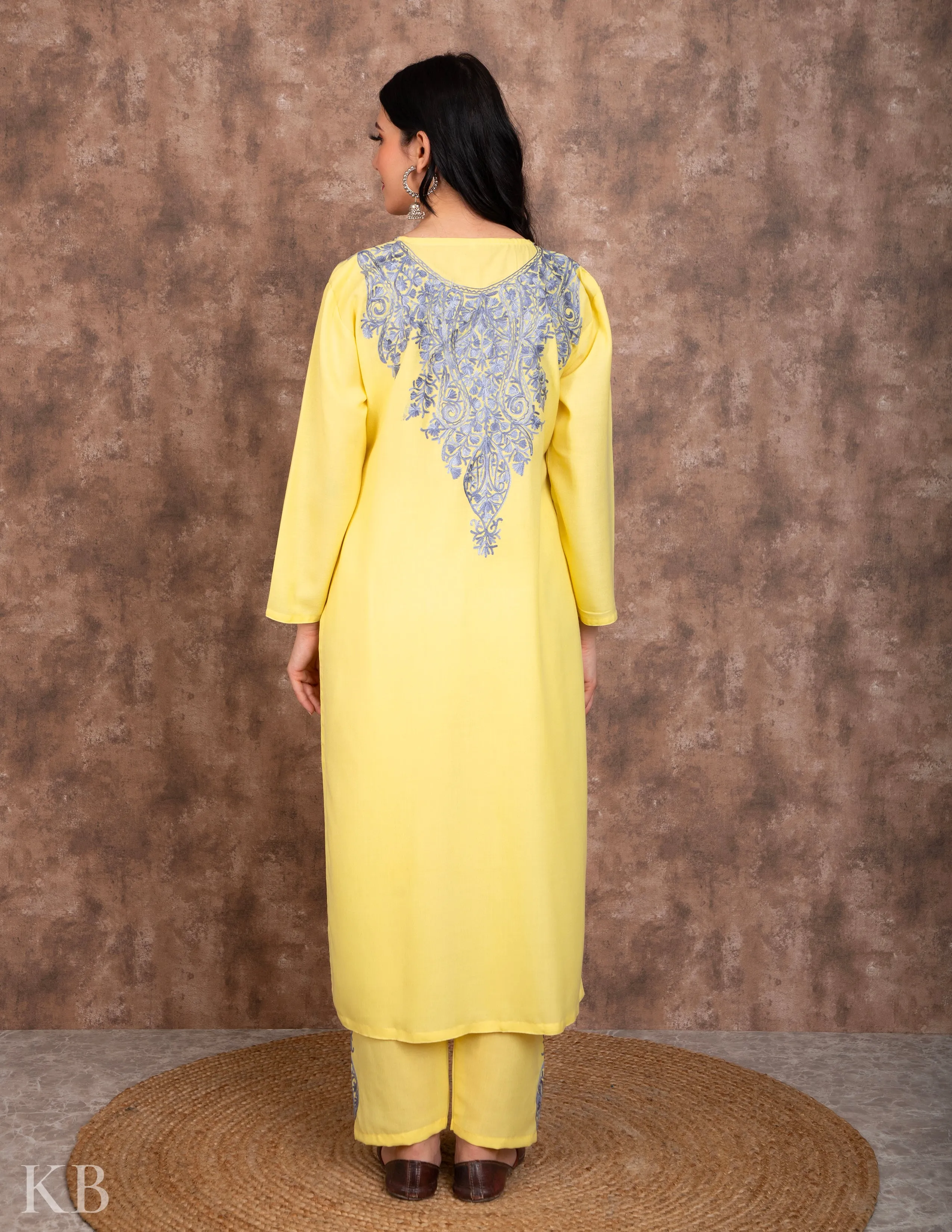 Lemon Aari embroidered Cotton Suit with Dupatta