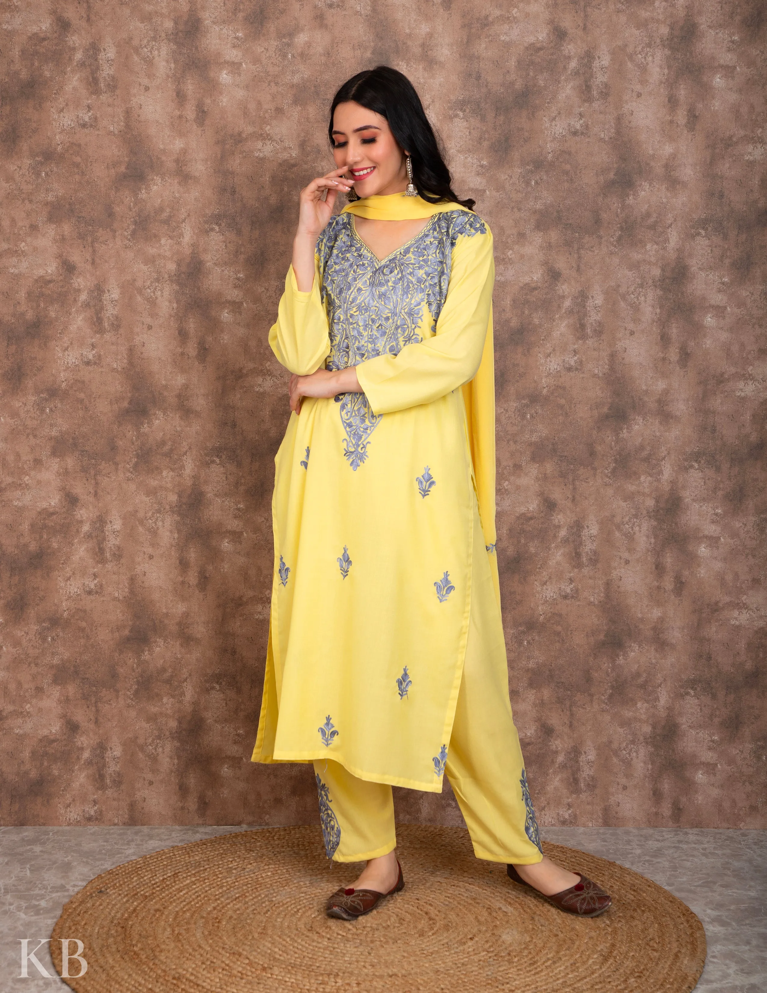 Lemon Aari embroidered Cotton Suit with Dupatta