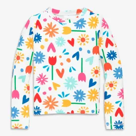 Long sleeve swim top in rainbow garden party