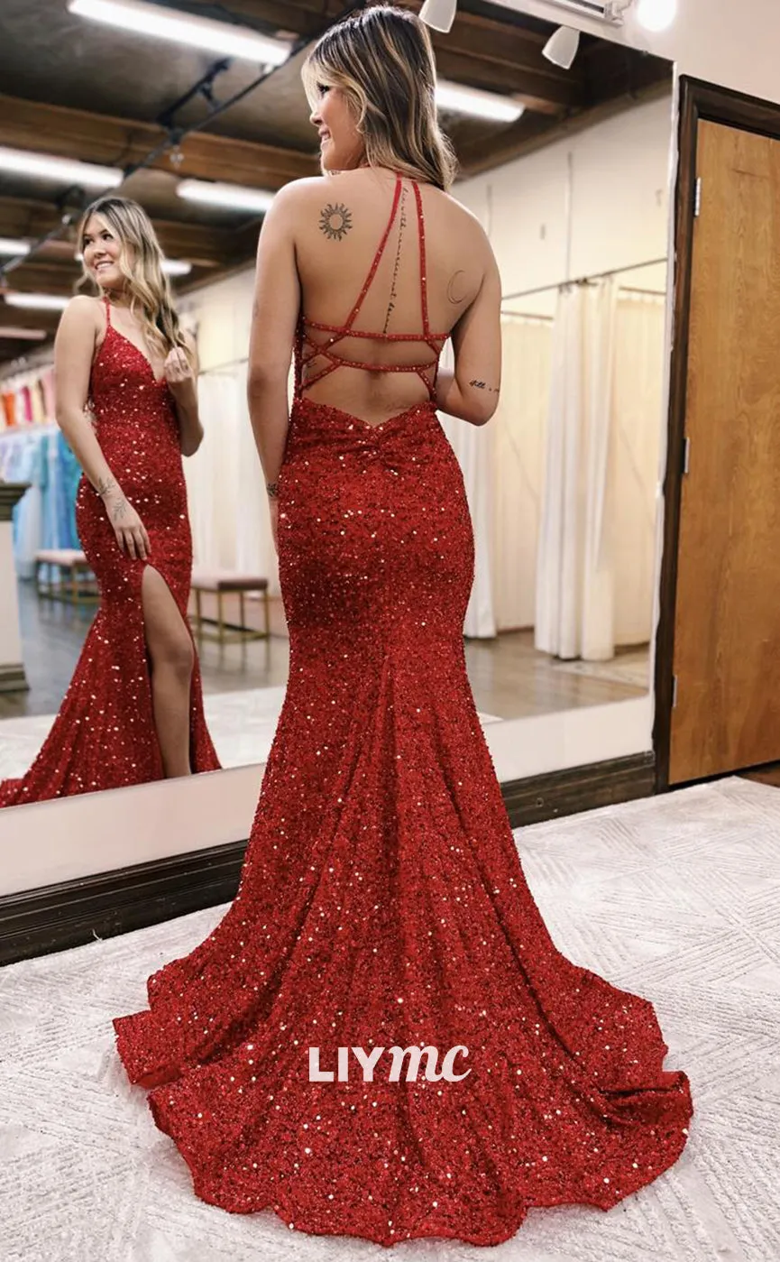 LP1011 - Sexy V Neck Fully Sequins Sparkly Prom Dress with Slit