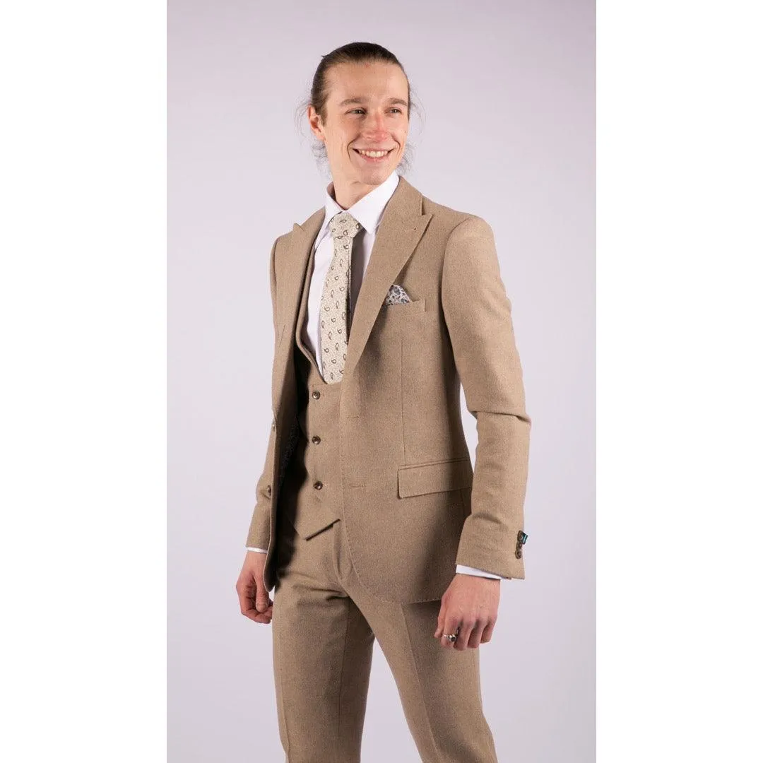 Men 3 Piece Suit Tan Brown Double Breasted