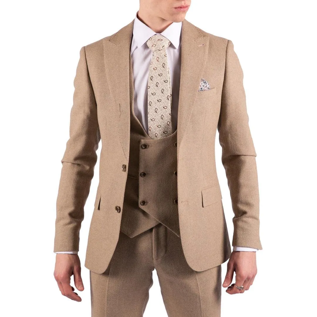 Men 3 Piece Suit Tan Brown Double Breasted