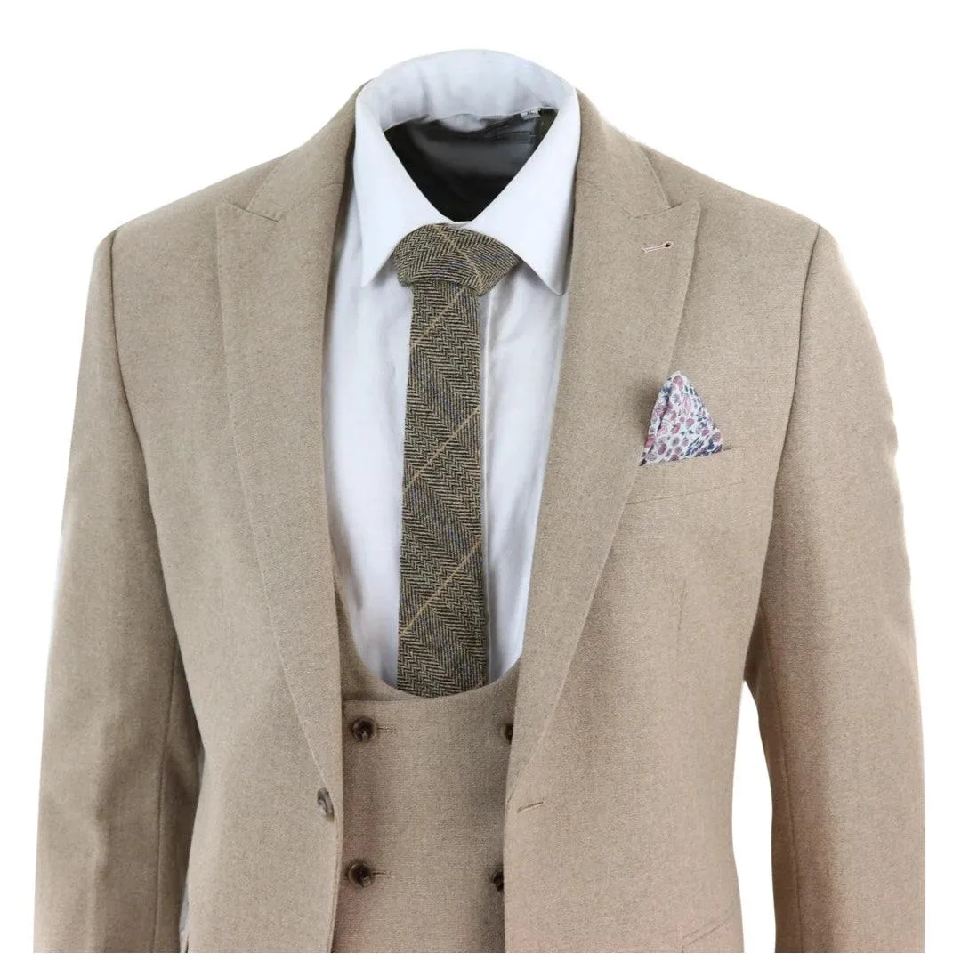 Men Tweed 3 Piece Suit Tan Oak Double Breasted Tailored Fit Wedding