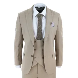 Men Tweed 3 Piece Suit Tan Oak Double Breasted Tailored Fit Wedding