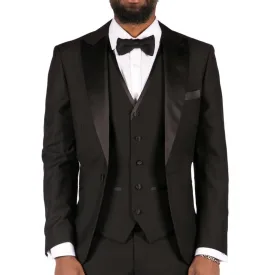 Mens 3 Piece Black Classic Satin Tuxedo Dinner Suit Tailored Fit Wedding Prom