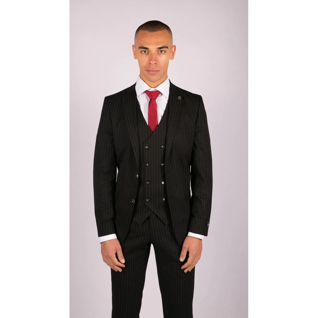 Mens 3 Piece Black Suit Gatsby 1920s Gangster Pinstripe Tailored Fit