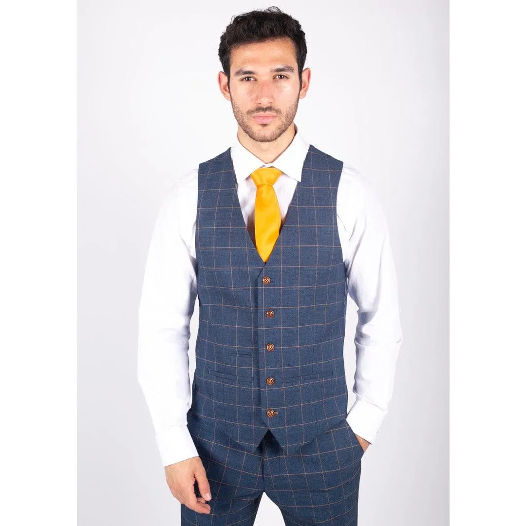 Mens 3 Piece Blue Orange Check Suit Retro Smart Tailored Fit Vintage