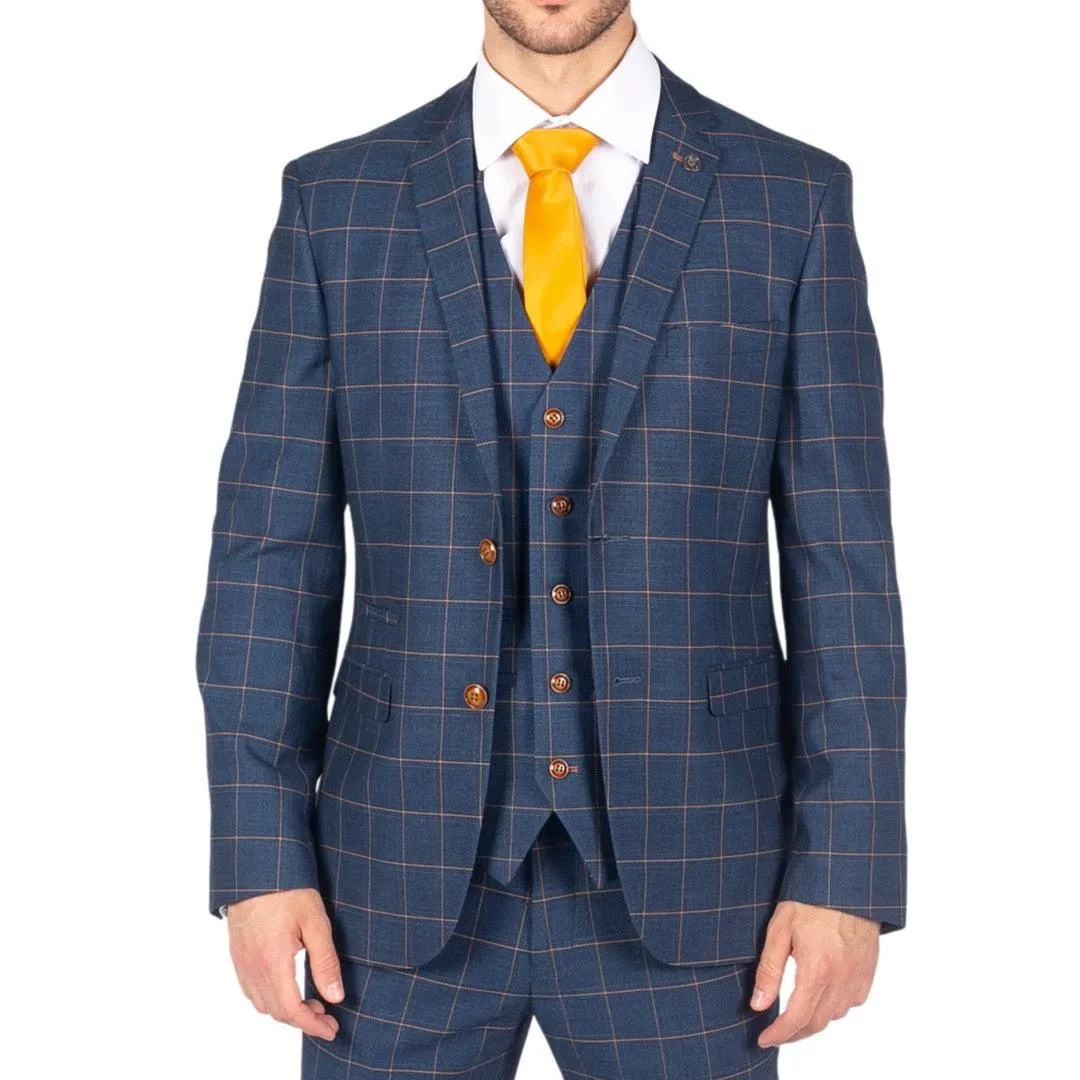 Mens 3 Piece Blue Orange Check Suit Retro Smart Tailored Fit Vintage