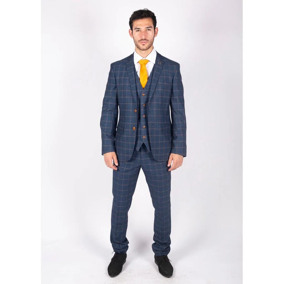 Mens 3 Piece Blue Orange Check Suit Retro Smart Tailored Fit Vintage