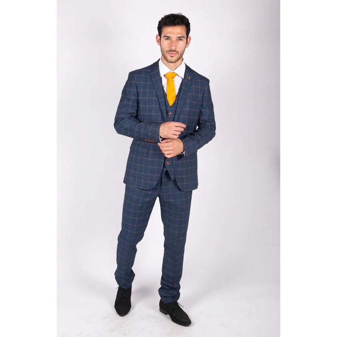 Mens 3 Piece Blue Orange Check Suit Retro Smart Tailored Fit Vintage