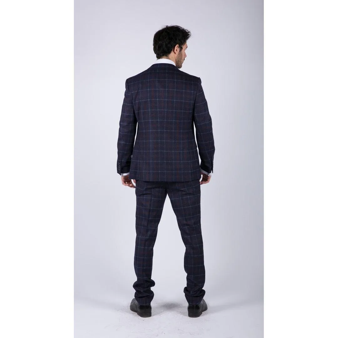 Mens 3 Piece Blue Suit Herringbone Tweed Check Tailored Fit 1920s Wedding Prom