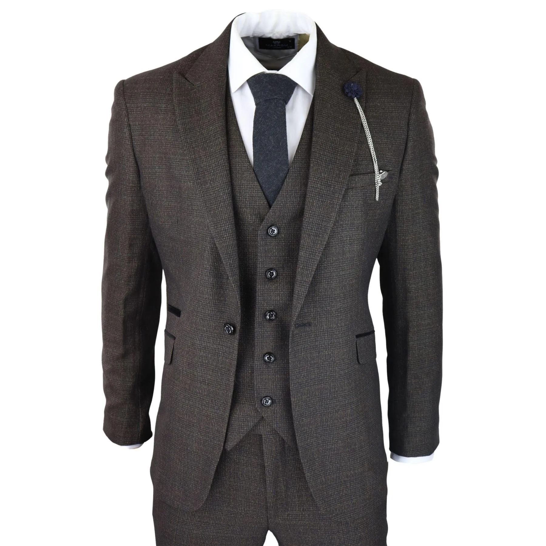 Mens 3 Piece Check Suit Tweed Black Brown Tailored Fit Wedding Peaky Classic