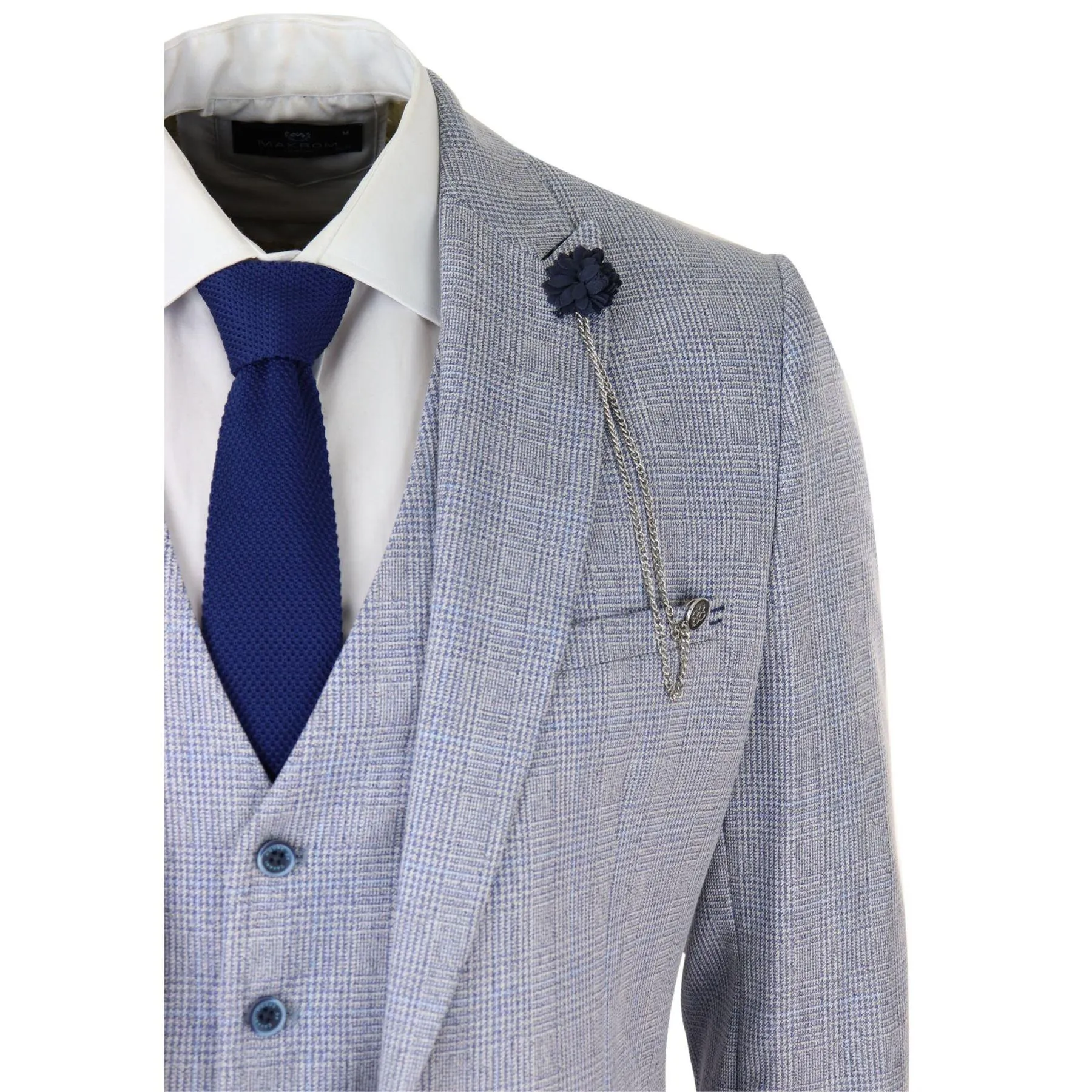 Mens 3 Piece Check Suit Tweed Light Blue Tailored Fit Wedding Peaky Classic