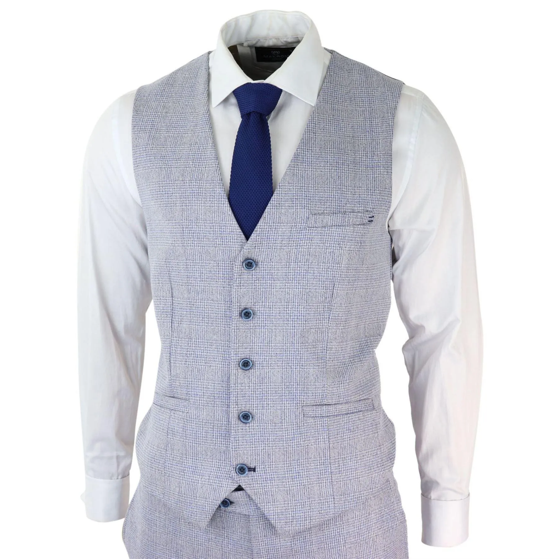 Mens 3 Piece Check Suit Tweed Light Blue Tailored Fit Wedding Peaky Classic