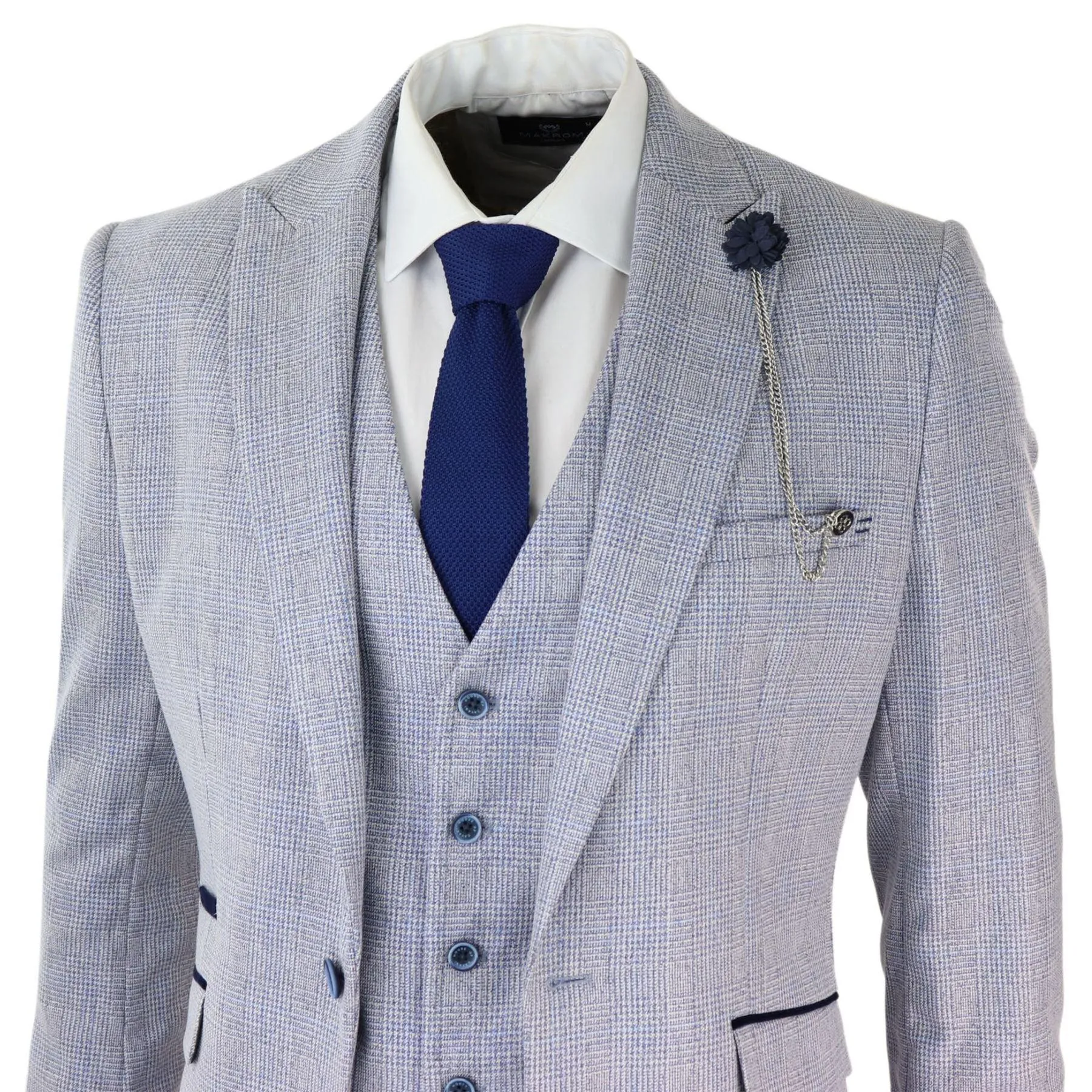 Mens 3 Piece Check Suit Tweed Light Blue Tailored Fit Wedding Peaky Classic