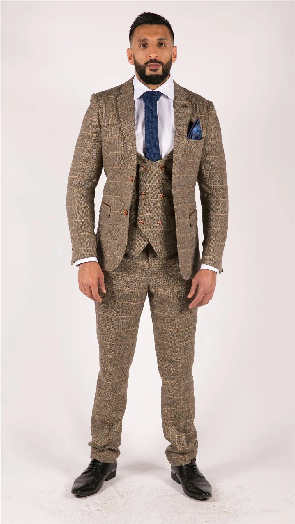 Mens 3 Piece Herringbone Tweed Tan Brown Check Suit Tailored Fit Double Classic