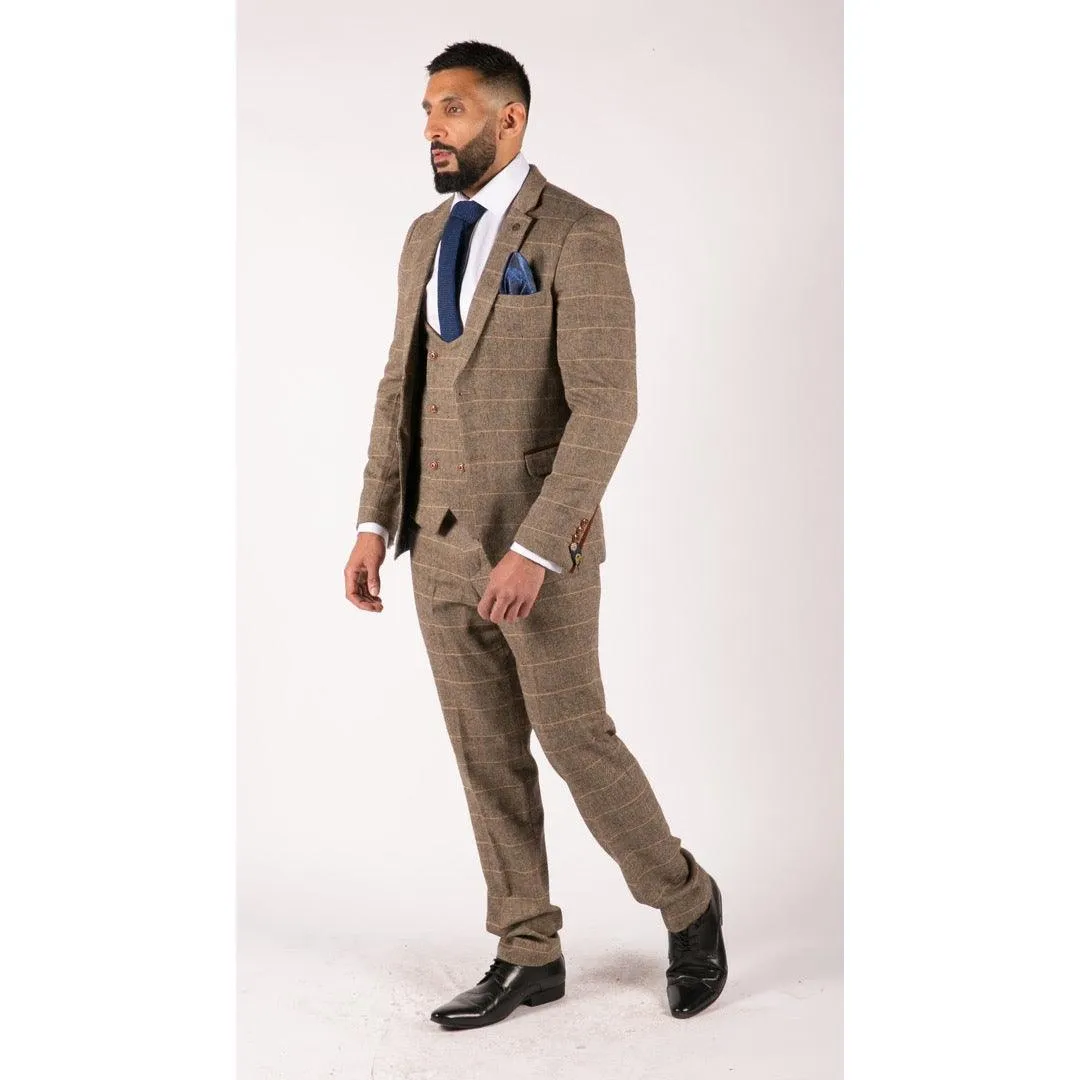 Mens 3 Piece Herringbone Tweed Tan Brown Check Suit Tailored Fit Double Classic