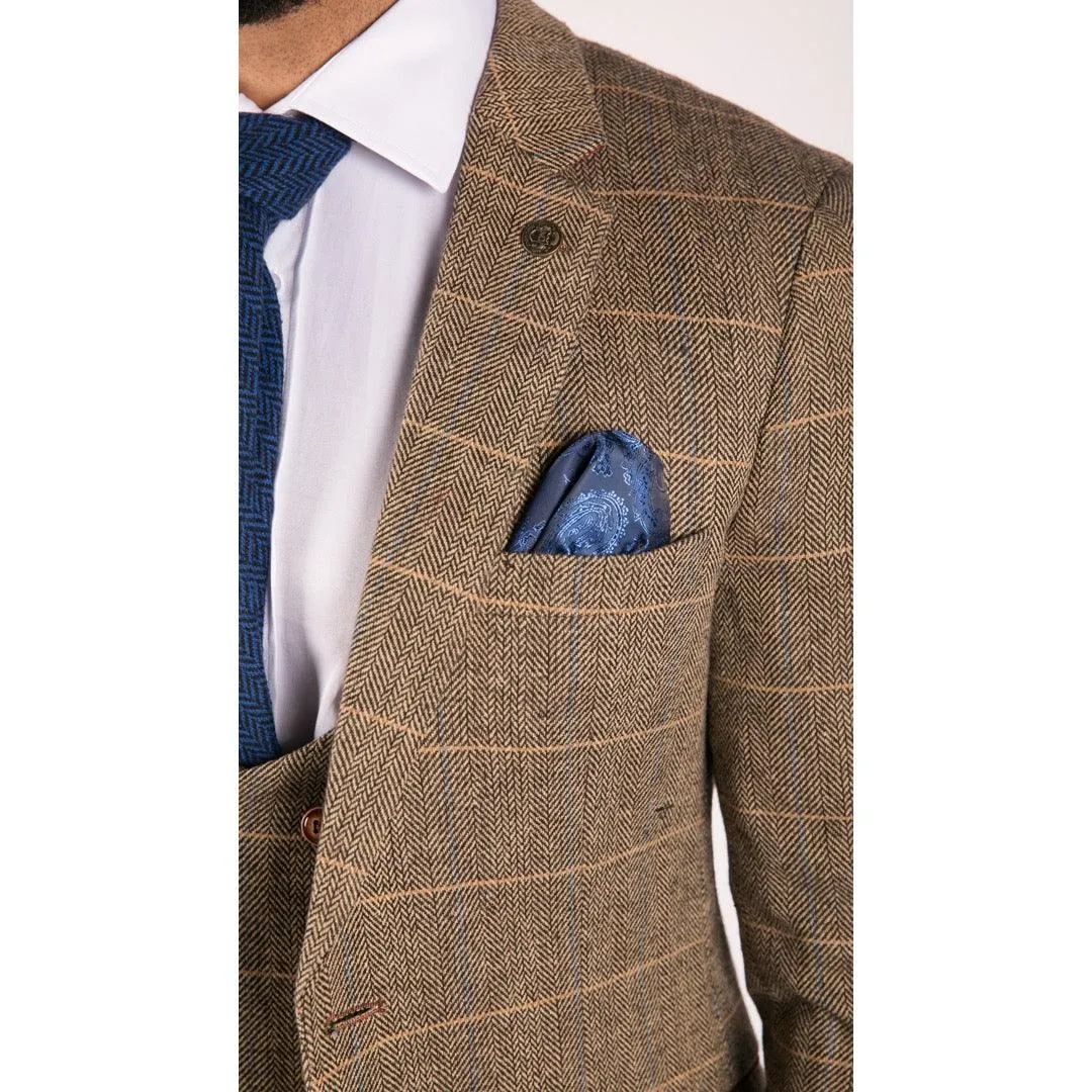 Mens 3 Piece Herringbone Tweed Tan Brown Check Suit Tailored Fit Double Classic