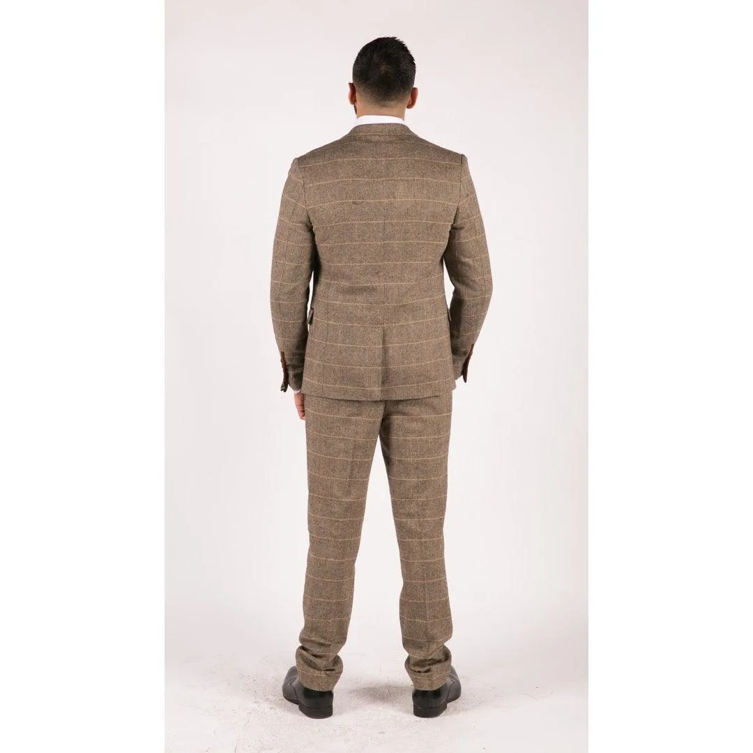 Mens 3 Piece Herringbone Tweed Tan Brown Check Suit Tailored Fit Double Classic