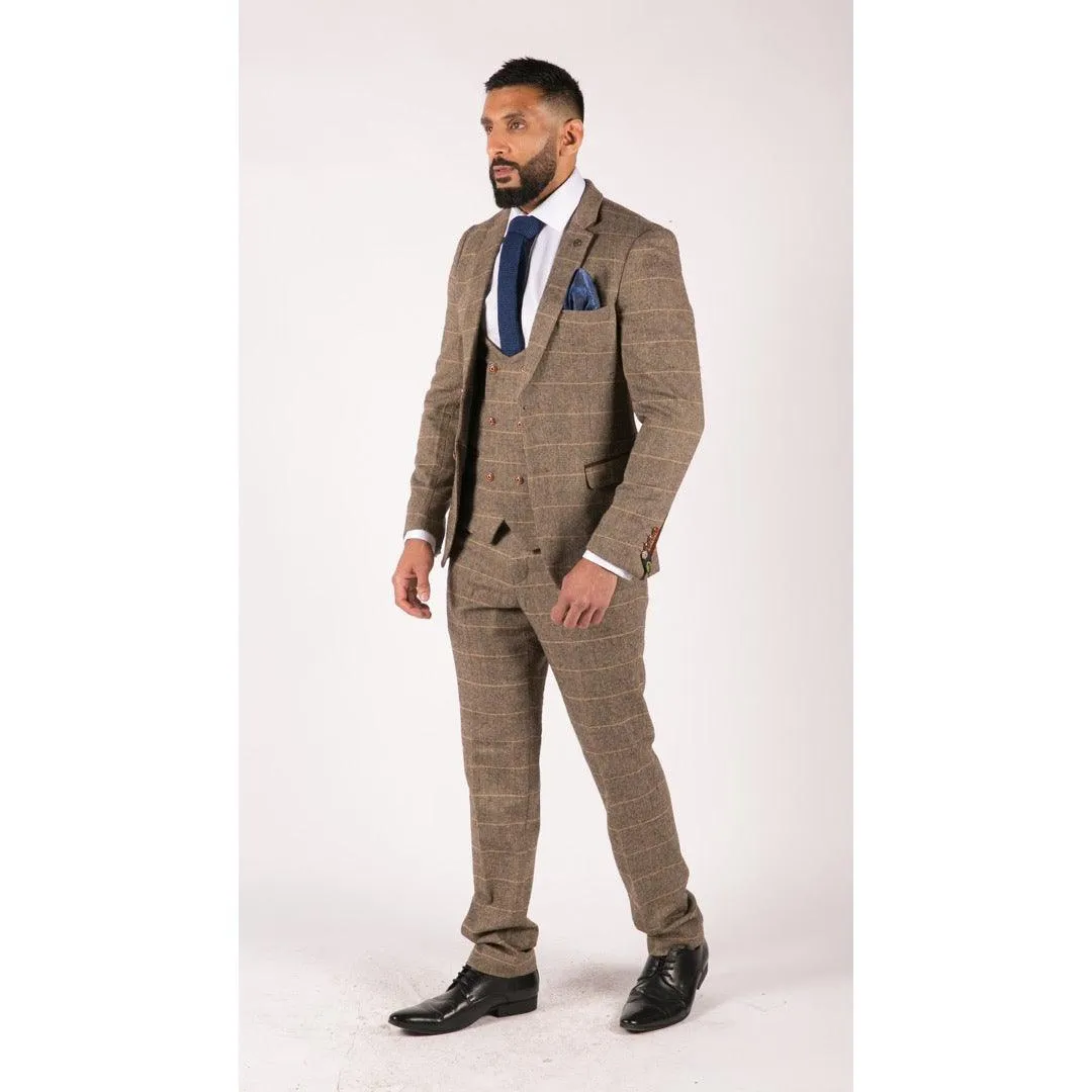 Mens 3 Piece Herringbone Tweed Tan Brown Check Suit Tailored Fit Double Classic