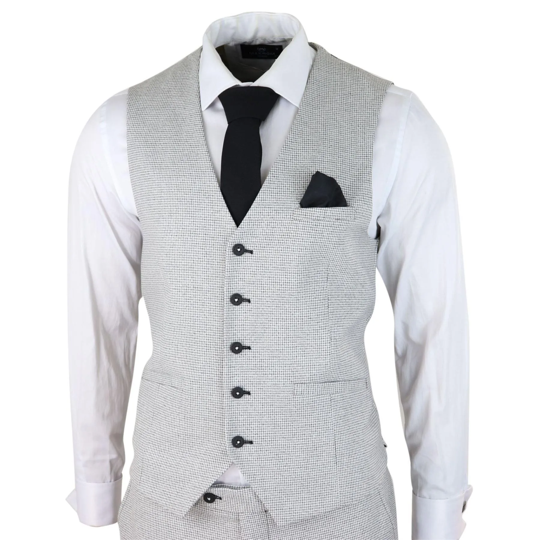 Mens 3 Piece Light Grey Black Check Suit Tailored Fit Retro Vintage Classic Smart