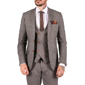 Mens 3 Piece Navy Blue Tan Check Double Breasted Waistcoat Formal Suit Classic