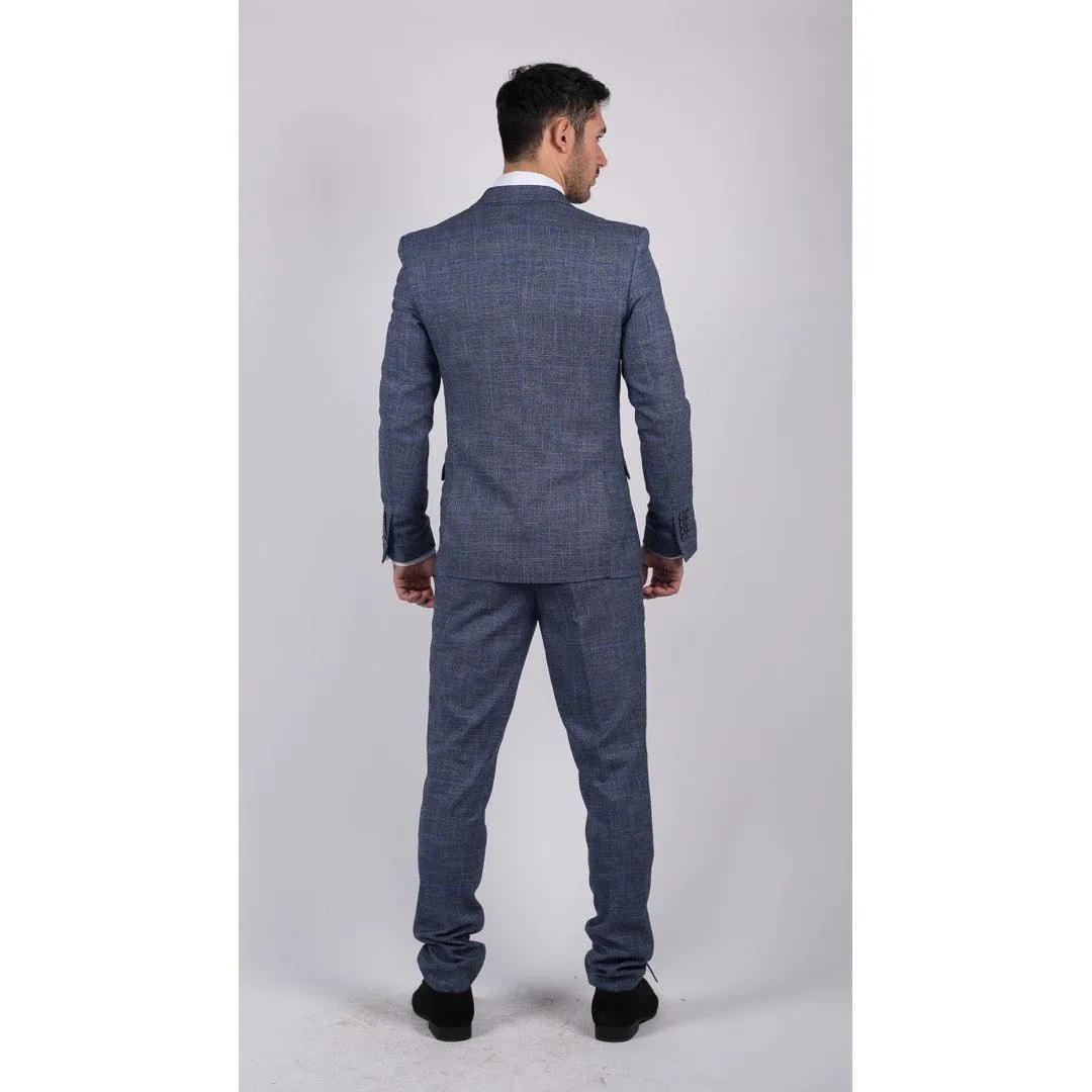 Mens 3 Piece Suit Blue Prince Of Wales Check Tailored Fit Summer Classic Vintage