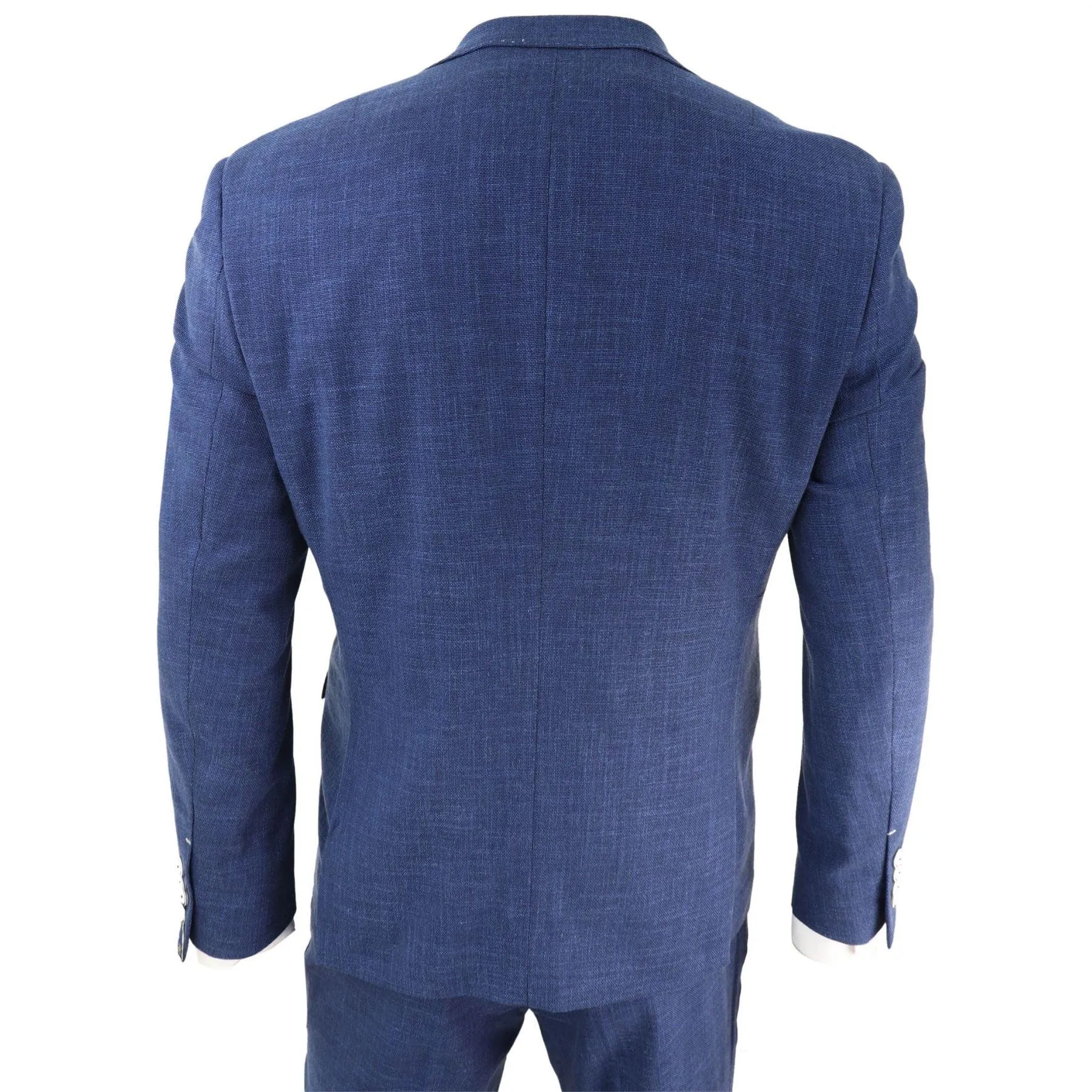 Mens 3 Piece Suit Blue Summer Linen Tailored Fit Wedding Prom Classic