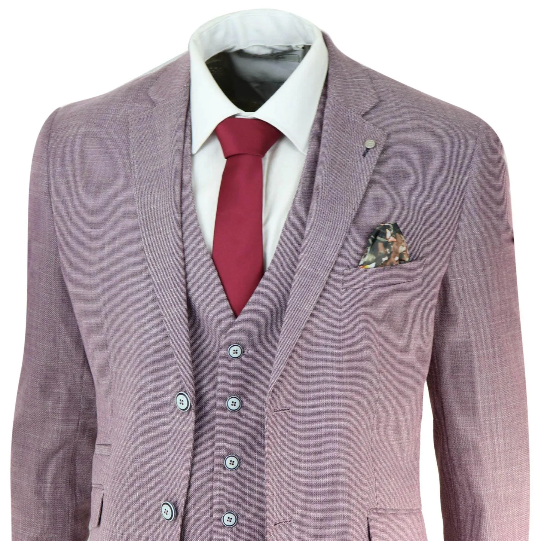 Mens 3 Piece Suit Blush Pink Summer Linen Tailored Fit Wedding Prom Classic