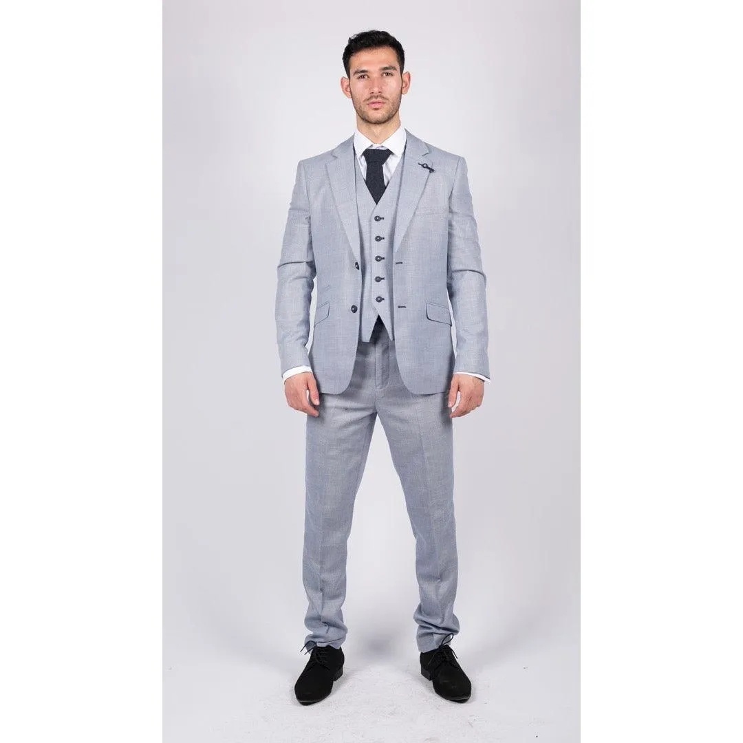 Mens 3 Piece Suit Light Blue Summer Linen Tailored Fit Wedding Prom Classic