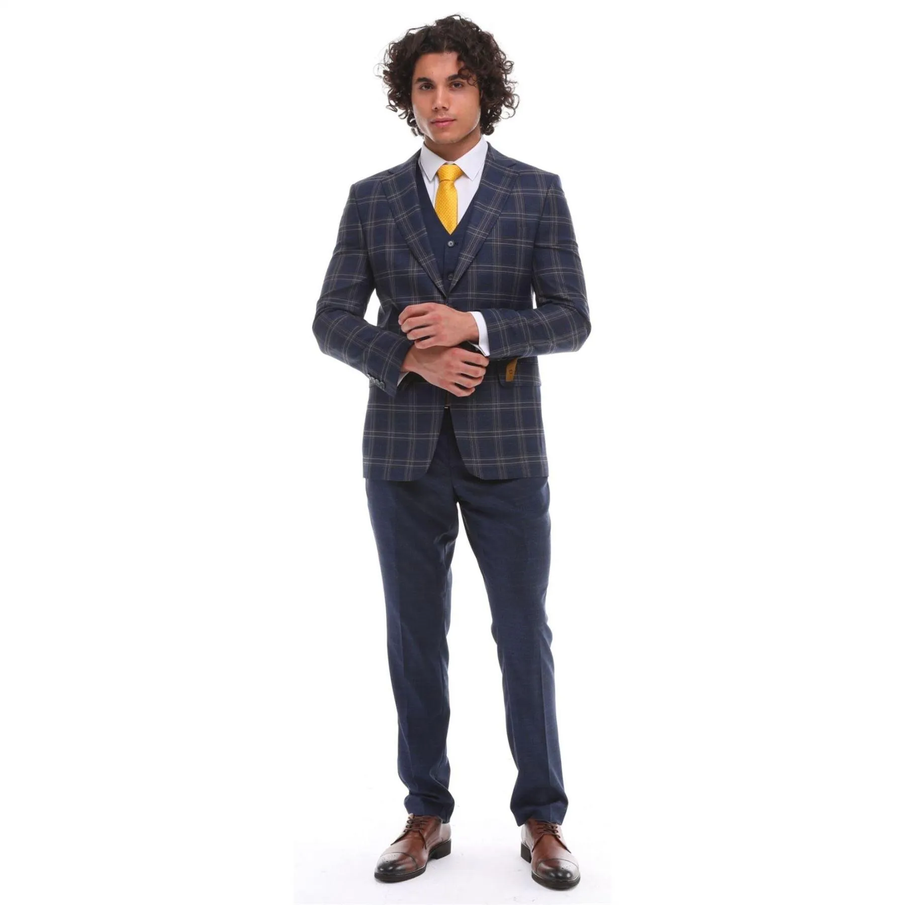 Mens 3 Piece Suit Navy Blue Grey Brown Check Contrasting Waistcoat Trouser