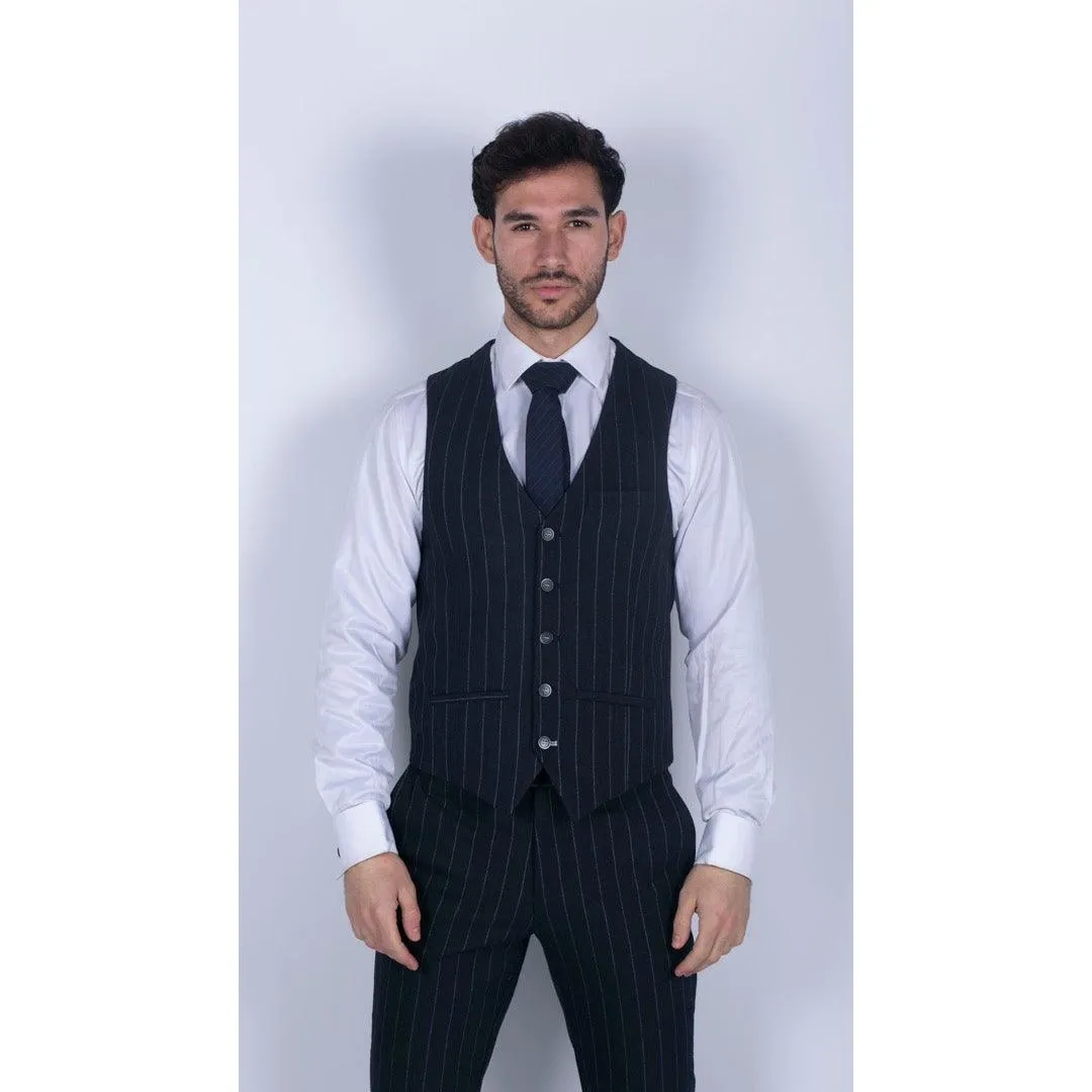 Mens 3 Piece Suit Pin Stripe Navy Classic Vintage Retro 1920s Tailored Fit Wedding