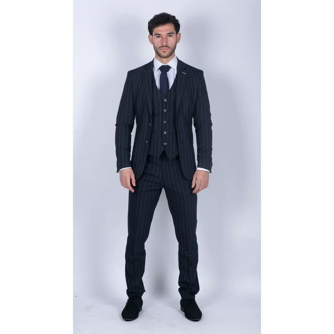 Mens 3 Piece Suit Pin Stripe Navy Classic Vintage Retro 1920s Tailored Fit Wedding