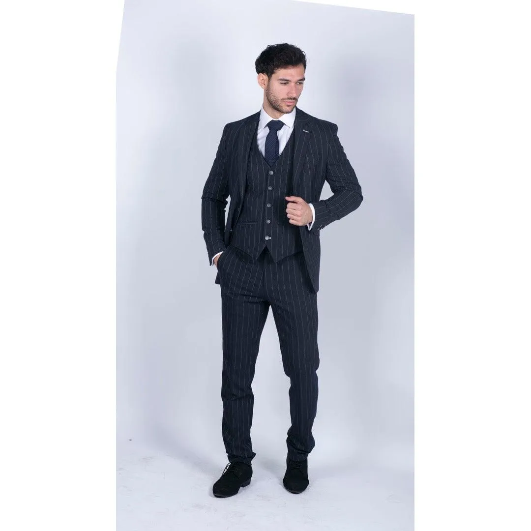 Mens 3 Piece Suit Pin Stripe Navy Classic Vintage Retro 1920s Tailored Fit Wedding