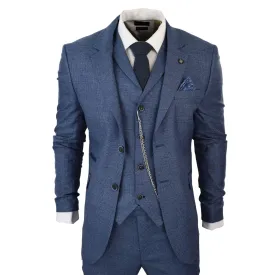 Mens 3 Piece Suit Prince Of Wales Check Blue Tailored Fit Vintage Wedding