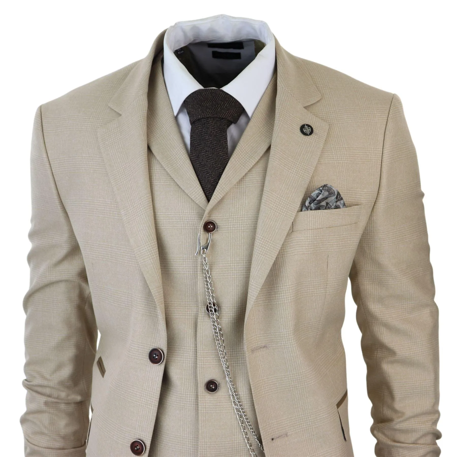 Mens 3 Piece Suit Prince Of Wales Check Cream Beige Tailored Fit Vintage Wedding