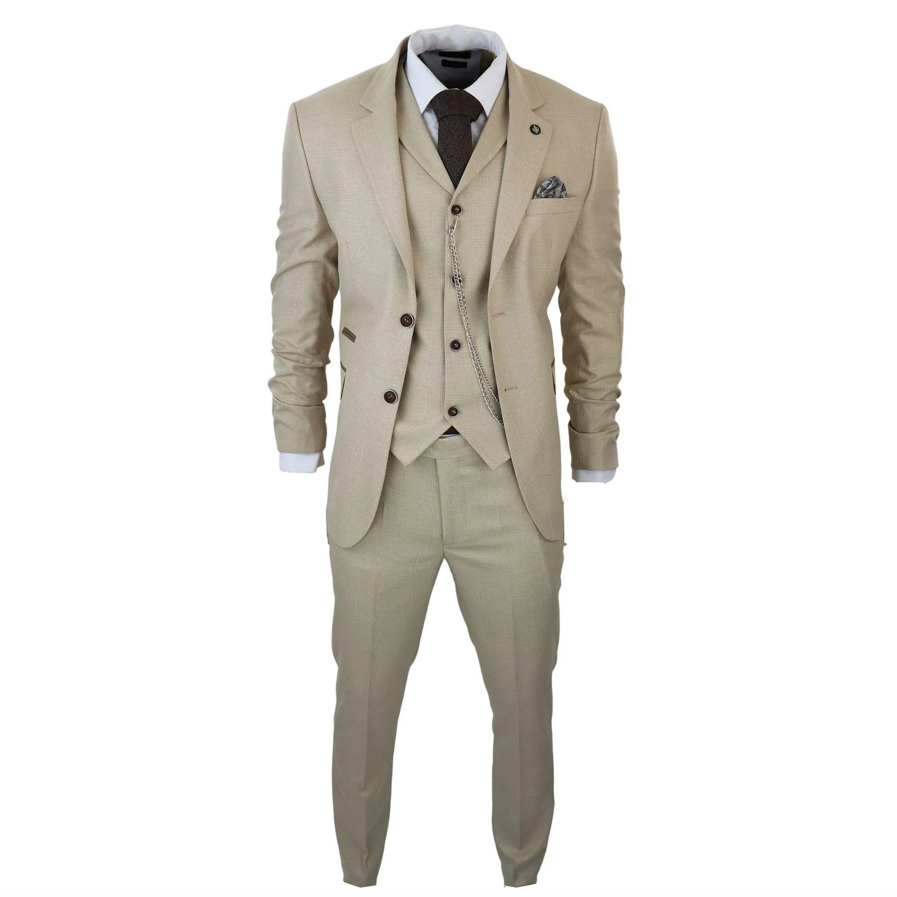 Mens 3 Piece Suit Prince Of Wales Check Cream Beige Tailored Fit Vintage Wedding