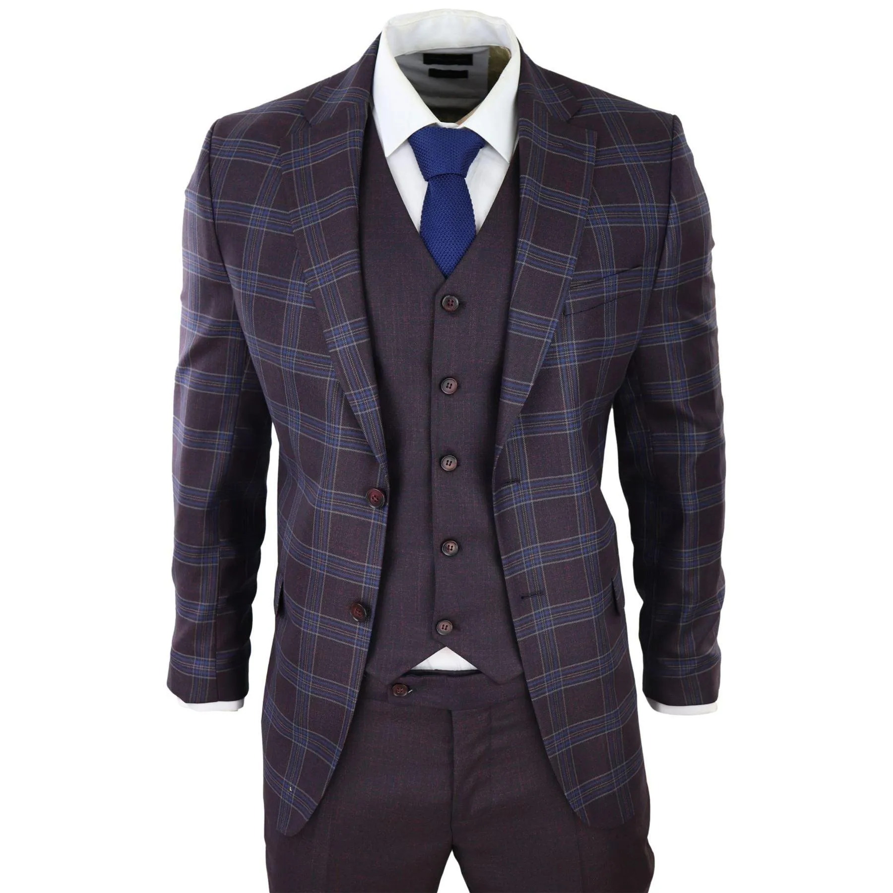 Mens 3 Piece Suit Purple Blue Check Check Contrasting Waistcoat Trouser Wedding