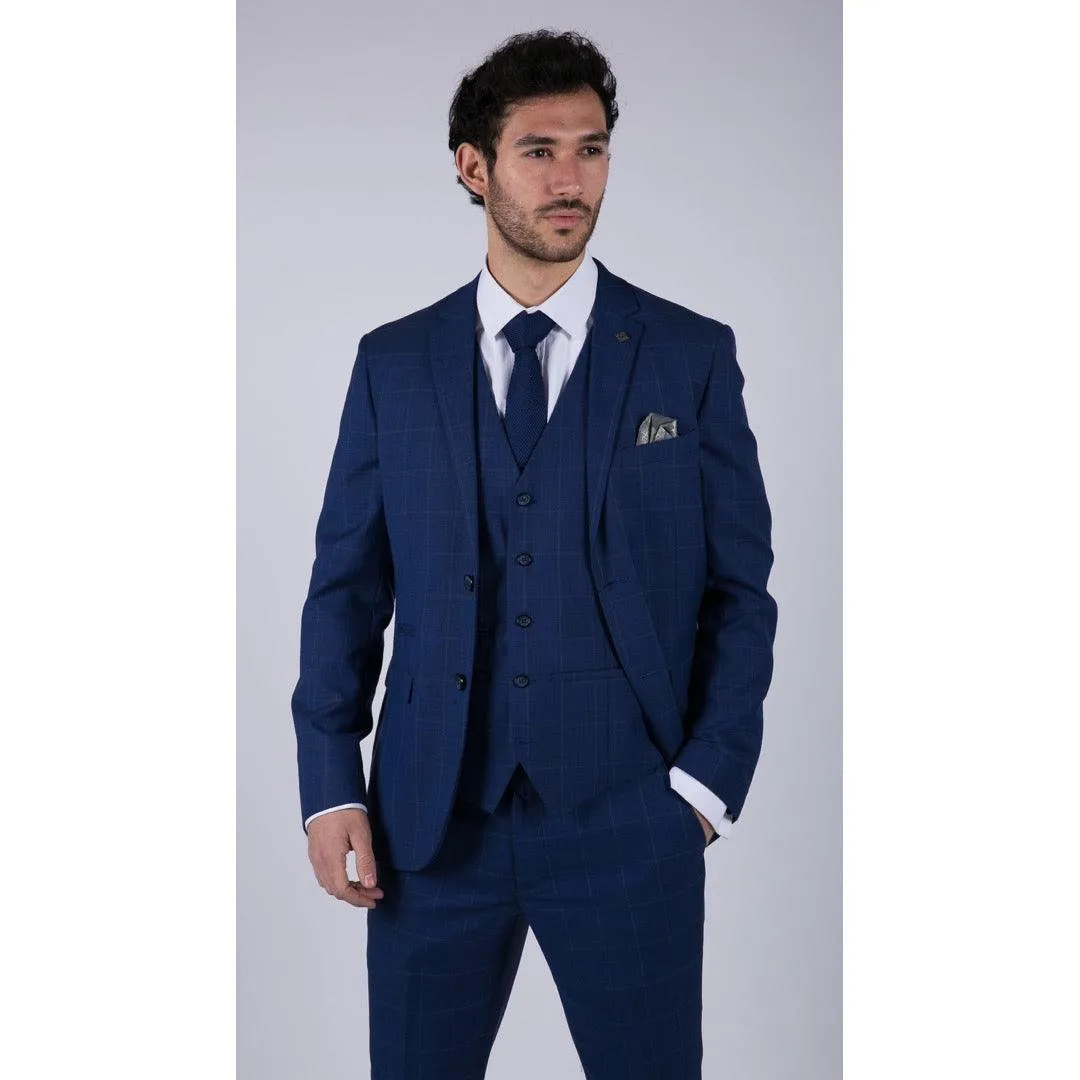 Mens 3 Piece Suit Royal Blue Prince Of Wales Check Suit Classic Wedding Formal